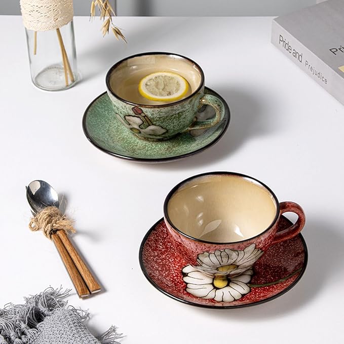 Cappuccino Cups with Saucers Set of 4 ??8oz Ceramic Coffee Cups, Latte Espresso Mugs with Floral Design, Colorful Coffee Cup Set for Cappuccino, Latte, Mocha (4 colors)