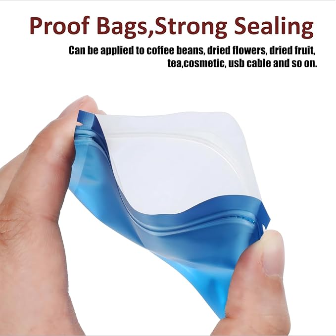 Blulu 100 Pieces Resealable Foil Proof Bags Scent Proof Flat Pouch Clear Smell Sealable Packing Bags Iridescent for Food Storage Snack Jewelry(3 x 4 Inch,Blue)