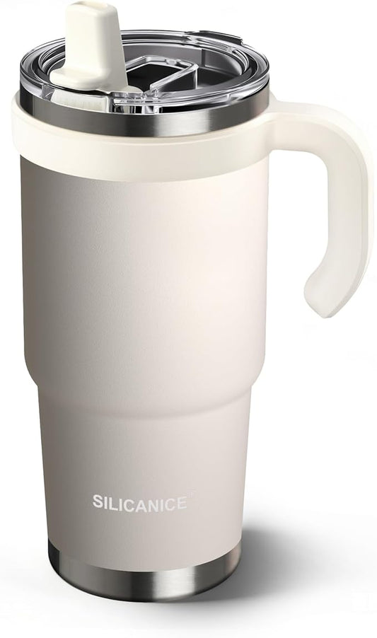 SILICANICE Kids - 24oz Insulated Tumbler - Removable Flip Spout & Straw Water Bottle With Durable handle, Base & Lid, Leak proof, Perfect for School, Sports, Lunch, Travel & Camp- Cream