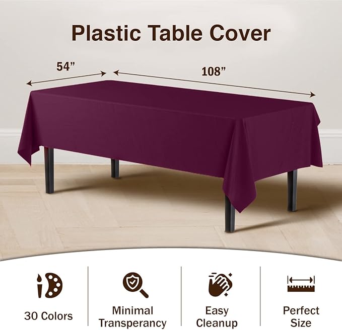 Party Solids 6-Pack Premium Plastic Tablecloth 54in. x 108in. Rectangle Plastic Table Cover - Plum