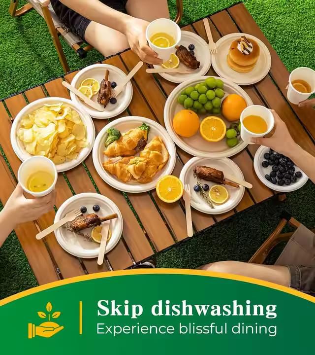 9-Inch Compostable Paper Plates ??Heavy-Duty Disposable Bagasse (Sugarcane Fiber) Plates, Eco-Friendly Biodegradable Dinnerware, Microwave-Safe & Leak-Proof (150-Pack)