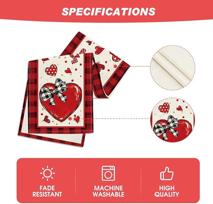 Artoid Mode Red Buffalo Plaid Heart Bow Tie Valentine's Table Runner, Seasonal Kitchen Dining Table Decoration for Home Party Decor 13x72 Inch