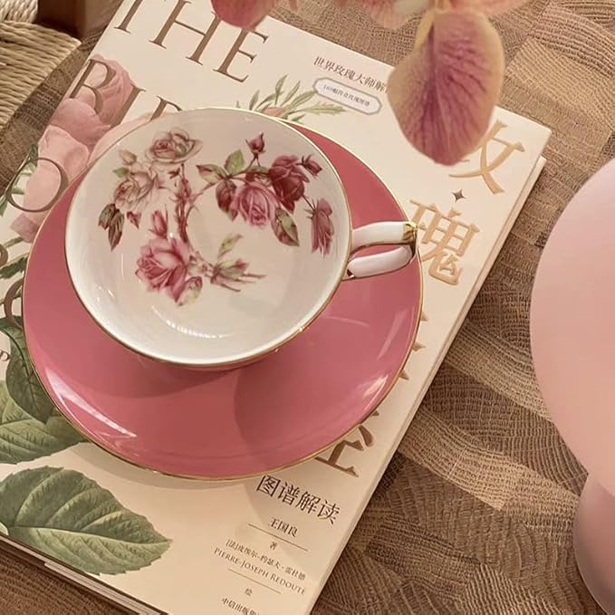 Aynsley Elizabeth Rose Fine Bone China Teacup and Saucer Set - 6.76oz Hand-Painted Gold-Trimmed Floral Vintage Set, Fancy Gift for Christmas/Wedding/New Year (Pink)