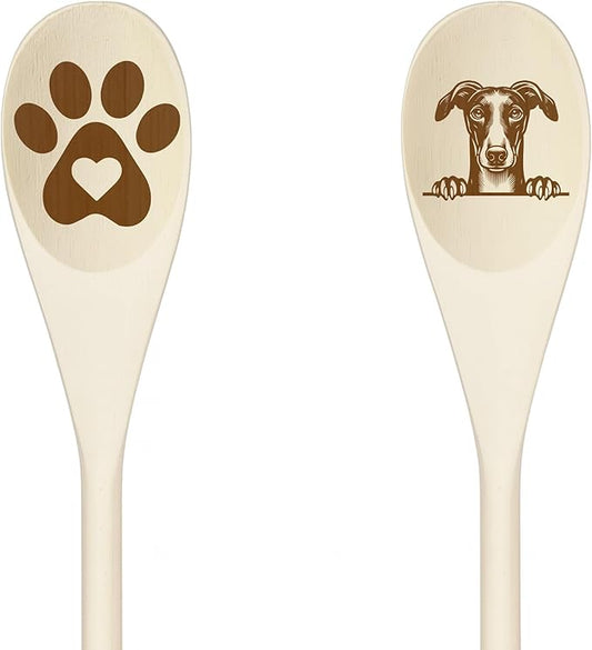 GREYHOUND Wooden Spoons for Cooking, Serving or Decorative Kitchen Utensils Set Dog Lover Dog Mom/Dad Gift with Peeking Dog Designs, Paw Print and Dog Head, Kitchen Utensils Set of 2