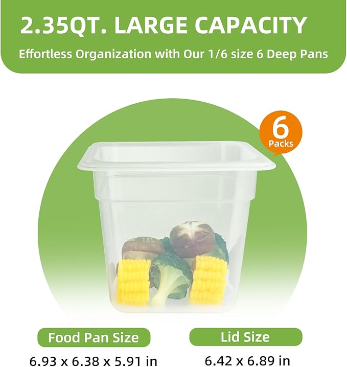6-Pack Food Pan with Lids, 1/6 Size Food Storage Containers for homes, schools, restaurants, hotels Meal Prep, -40??160?? Stackable, Freezer-Safe (1/6 size 6 inch deep, 2.22L/2.35QT)