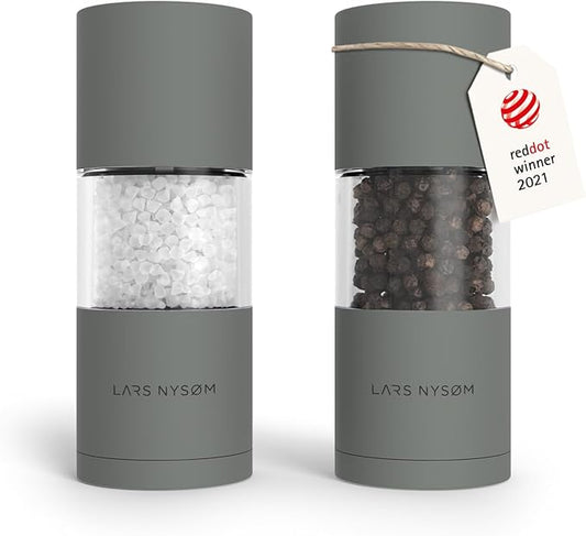 LARS NYS횠M Salt and Pepper Grinder Set, Manual Salt and Pepper Mills with Adjustable Ceramic Grinder, Design Spice Shaker Set (Ash Gray)