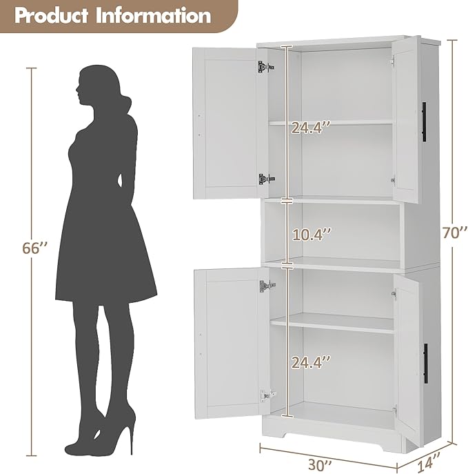 70" Tall White Pantry Cabinet with Doors, Freestanding Storage Cabinet with Adjustable Shelves for Kitchen, Dining Room, Bathroom, Living Room,White