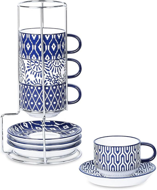 Selamica Ceramic Espresso Cups with Saucers and Metal Stand, 4 OZ Stackable Cappuccino Cups, Demitasse Cups for Latte Coffee Caf챕 Mocha Tea, Set of 4, Vintage Blue