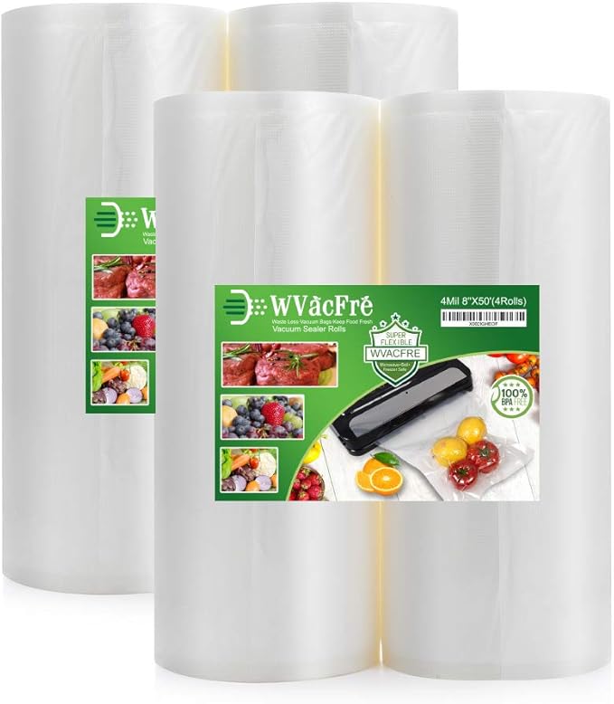 4Pack 8X50 (Total 200 Feet) Food Vacuum Sealer Bags Rolls with Commercial Grade,BPA Free,Heavy Duty,Great for Food Vac Storage or Sous Vide Cooking