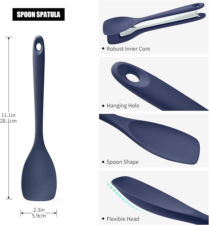 Doosu Silicone Spoon Spatula, 600쨘F Heat-Resistant Food Grade Rubber Spoonula with Seamless Design, Non-Stick Flexible Scraper Kitchen Cooking Spoon Baking Tool for Mixing, Scraping (Navy Blue)