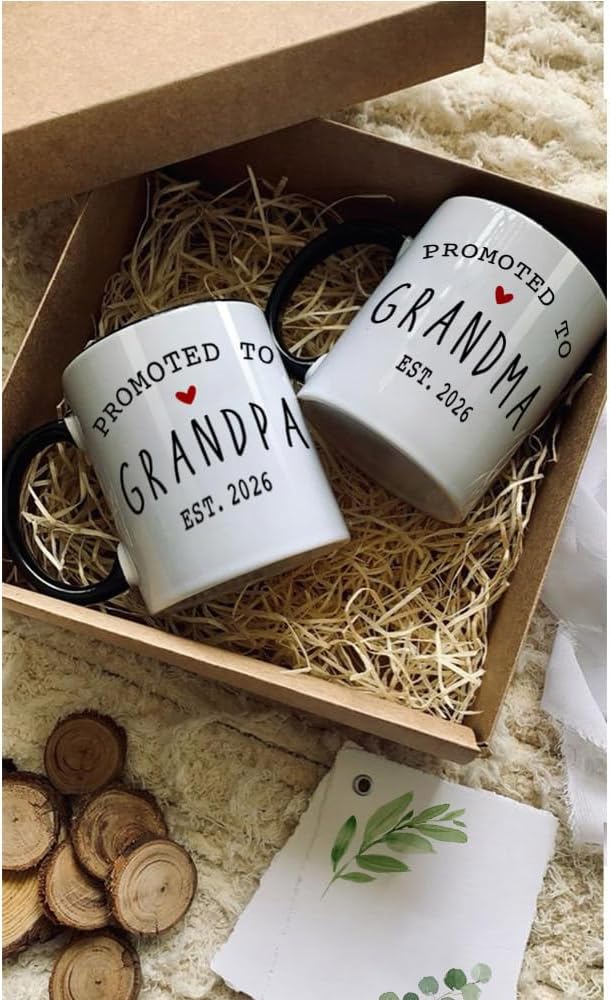 VLUG EST 2026 Promoted to Grandparents Mugs Set Gift for New Grandparents, First Time Grandpa Grandma Mugs Set, Pregnancy Reveal Announcement Mug Gifts, Baby Reveal Publicity Gift