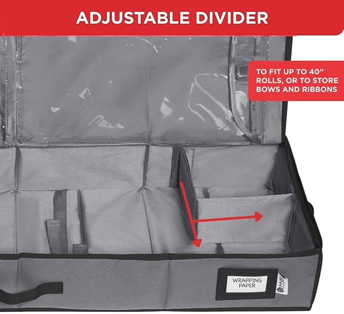 HOLDN??STORAGE Premium Wrapping Paper Storage Container - Durable 600D Tear-Proof, Fits 27 Rolls Gift Wrap, Extra Pockets for Ribbons & Bows, Underbed Storage - Ideal for Holiday Christmas, Gray