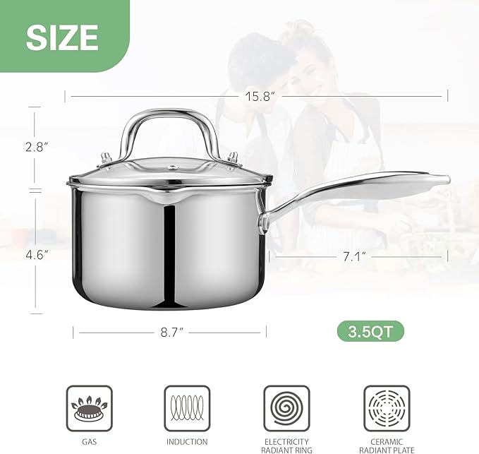 Tri-Ply Stainless Steel Sauce Pan with Steamer Basket & Strainer Glass Lid?밠ulti-Function Pot 3.5 QT- Modern Sleek Design?밪afe,Chemical-Free& Stylish Cookware?밬pgrade Your Kitchen with Healthy Cooking