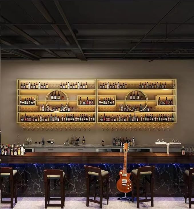 59" Metal Wine Rack Wall Mounted, Multi Functional Bar Shelves for Liquor Bottles with Glass Holder, Modern Wood Bar Shelves Wall Mounted for Home Bar & Dining Room, Gold(57" Height)
