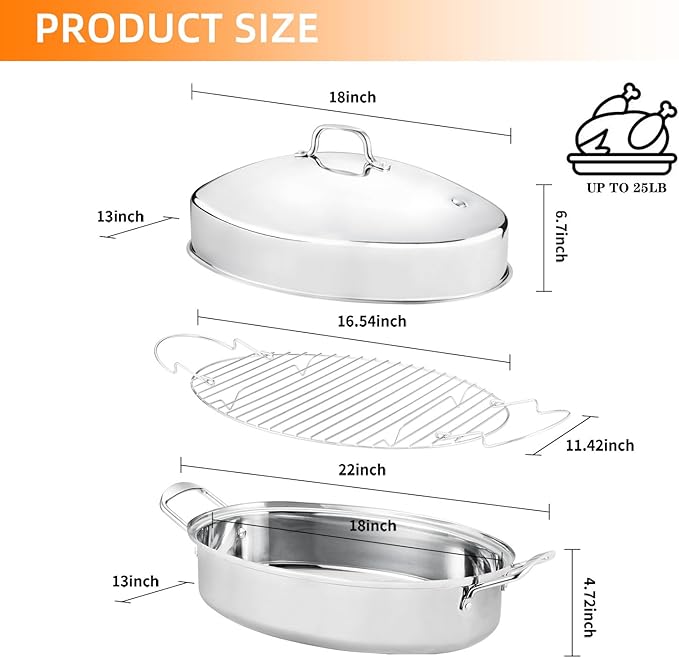 22" Stainless Steel Roasting Pan with Lid and Rack,25LB Capacity,Large Roaster Pan for Oven,Nonstick Roasting Pan for Turkey,Chicken,Gifts for Mom,Wife