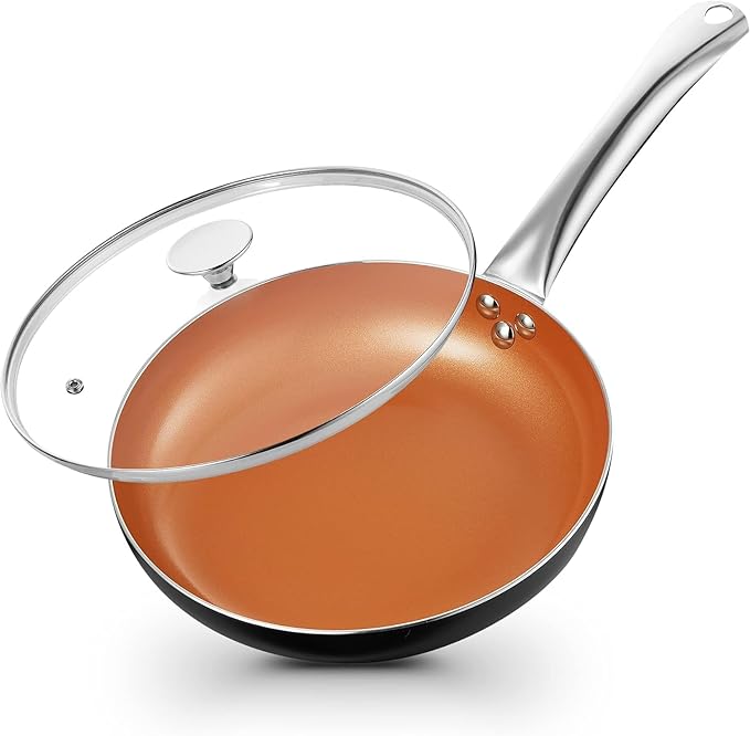 KOCH SYSTEME CS Little Skillet with Lid - 8" Copper Nonstick Frying Pan for Oven & Stove, Small Skillet with Ceramic Coating, Aluminum Nonstick Pan, 100% PFOA Free, All Stove Tops Compatible