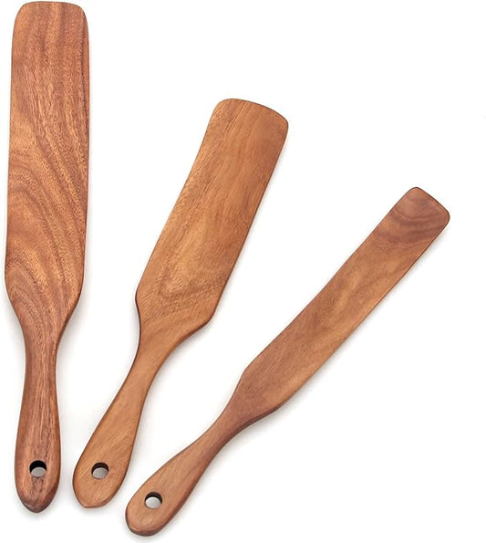 3 Pcs Teak Wood Spurtle Set for Sourdough Starter Spurtles Kitchen Tools Flat Bread Spatula Scraper for Cooking Utensils Set Skinny Wooden Jar Spurtle Spatulas Turner Sourdough Stirrer Stick Spoon