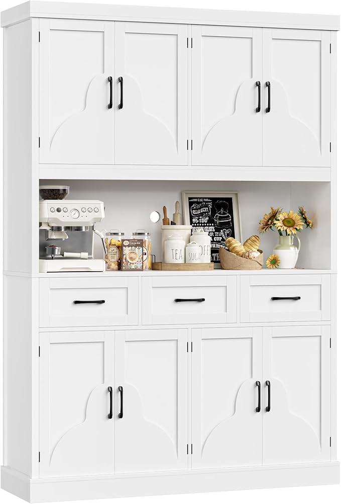 HITHOS 76" Tall Kitchen Pantry Storage Cabinet, 55??Wide Kitchen Hutch Cabinet with Storage Drawers, Large Food Pantry with Microwave Stand, Modern Cupboard with Hutch for Dining Living Room, White