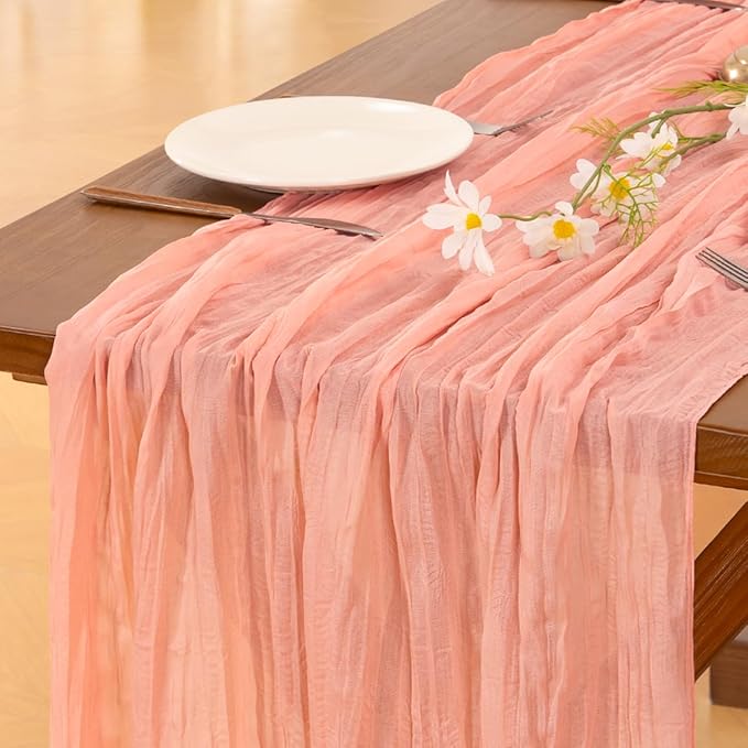 Socomi Coral Peach Valentine's Day Cheesecloth Table Runner Boho Rustic Gauze 120 inch 10FT Cheese Cloth Runner for Wedding Party Baby Shower Birthday Home Decor Holiday Decorations