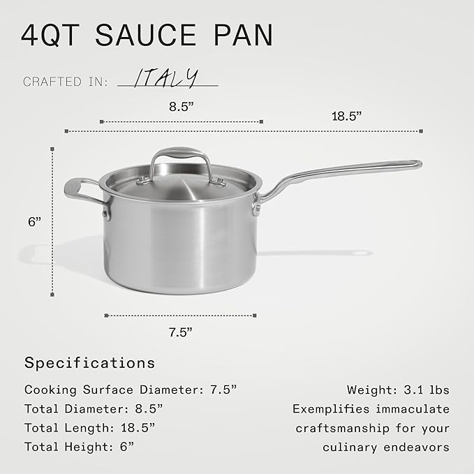 Made In Cookware - 7-Piece Ceramic Non Stick Pot and Pan Set (Stainless Handle) - 5-Ply Stainless Clad - Professional Cookware - Crafted in Italy - Induction Compatible