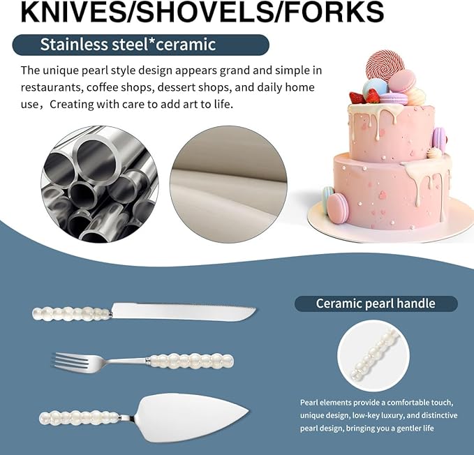 Wedding Cake Cutting Set, Wedding Cake Knife and Server Set, Ceramic Pearl Stainless Steel Pie Cutter, Bridal Shower Gifts, Engagement Gift for Couples (Silver, Set of 2)