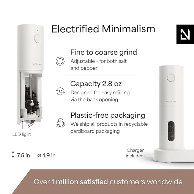 LARS NYS횠M Electric Salt and Pepper Grinder Set, USB Rechargeable, Automatic Salt and Pepper Mills, Spice Shakers Refillable with LED Light, Adjustable Coarseness, Ceramic Grinder (Pure White)