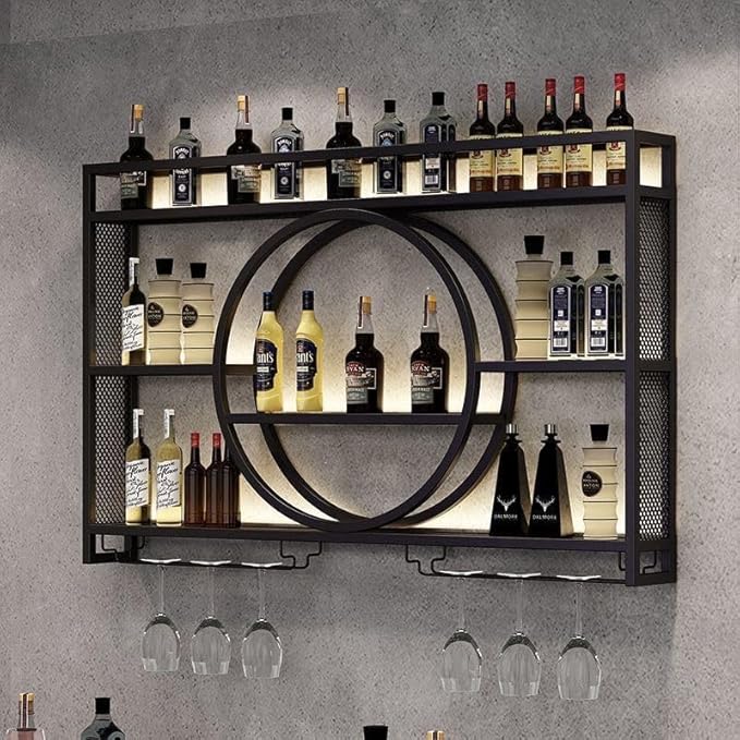 39 Inch Wall Mounted Wine Rack, 3-Tier Wall Bar Shelves for Liquor Bottles, Large Capacity Bar Shelves Wall Mounted with Glass Holder for Home Bar, Kitchen & Dining Room, Black