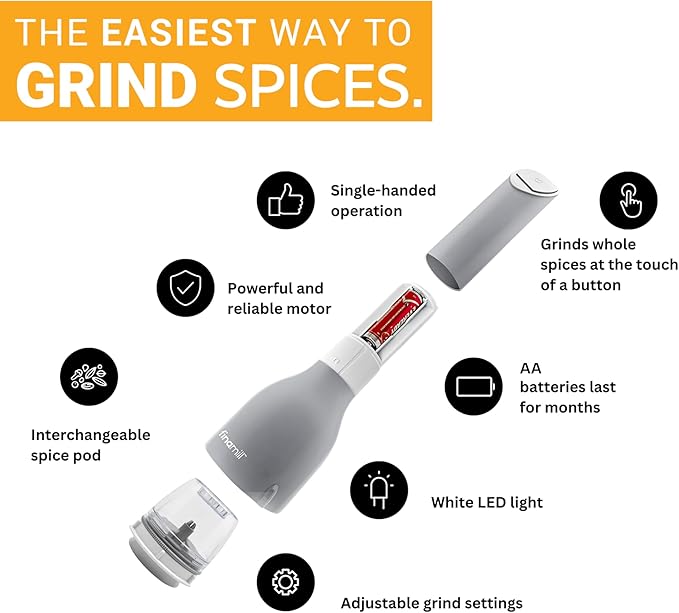 FinaMill Classic Battery Spice Mill ??Battery Operated Salt and Pepper Grinder Set, Includes 2 Interchangeable Spice Pods, Adjustable Coarseness, Ceramic Grinder, LED Light, Kitchen Gifts for Women