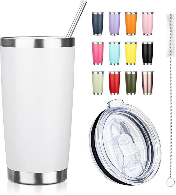 ATIKZHE 20oz Tumbler with Straw and Brush, Stainless Steel Vacuum Insulated tumbler, Double Wall Insulated Coffee Tumbler for Outdoor, Home, Travel,Office (White,1pcs)