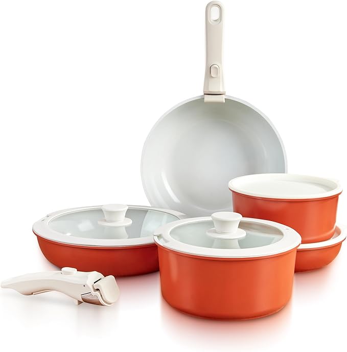GOURMETIFIC짰 Pots and Pans Cookware Set [11 PIECES] - Non Toxic Ceramic Coated Cooking Ware - Induction, Gas & Oven Kitchenware - Non Stick Pot & Pan with Removable Handles & Stackable (Terracotta)