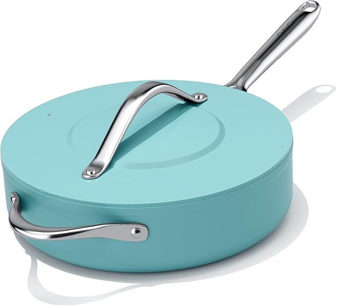 Nonstick Ceramic Saut챕 Pan with Lid (4.5 qt, 11") Deep Frying Pan for All Cooktops, Non Toxic Skillet PTFE/PFAS Free, Oven Safe up to 500째F w/ Stainless Steel Stay-Cool Handle, Caribbean Blue