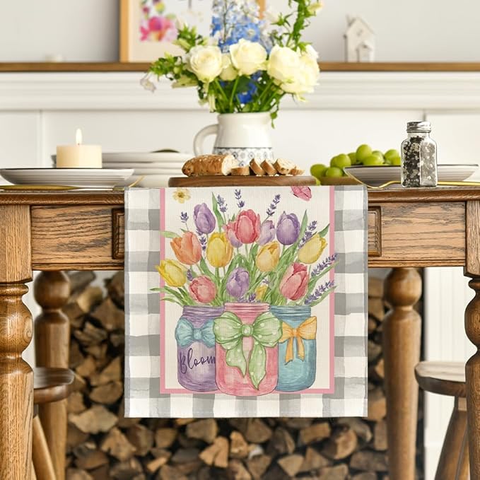 Artoid Mode Buffalo Plaid Vase Lavender Tulip Spring Table Runner, Seasonal Kitchen Dining Table Decoration for Home Party Decor 13x120 Inch