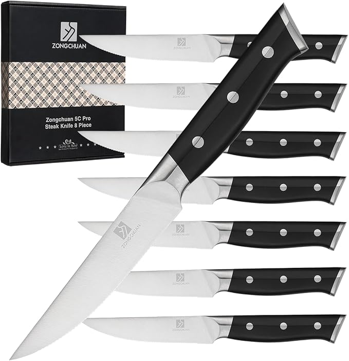 Steak Knives,4.5 Inch Steak Knives Set of 8, Micro-Cutting Point Serrated Edge, Very Sharp Steak Knife, Dishwasher Safe, 50CR15MOV Stainless Steel, Handle Ergonomic And Full Tang Design With Gift Box