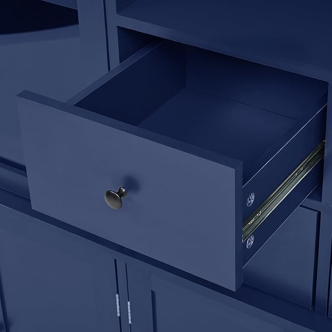 75-inch Tall Kitchen Pantry Cabinet, Freestanding Buffet with Hutch, Storage Cabinet with 4 Drawers, Door Shelves and Pull-Out Trays for Dining Room (Blue + MDF + Farmhouse)
