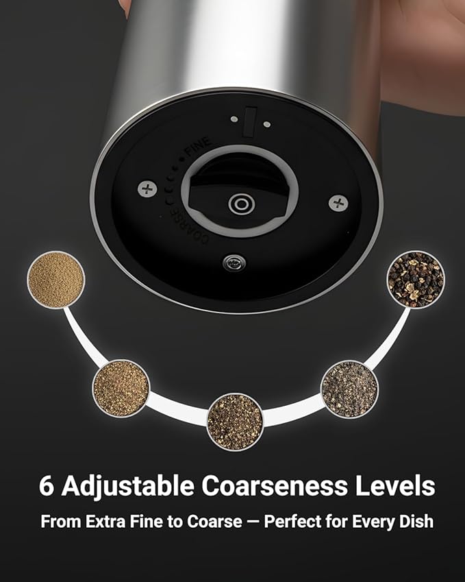 Electric Salt and Pepper Grinder Set with USB-C Rechargeable Base, Large Capacity Stainless Steel Mills with Durable Ceramic Burr, Adjustable Coarseness, LED Light, Refillable, for Kitchen BBQ
