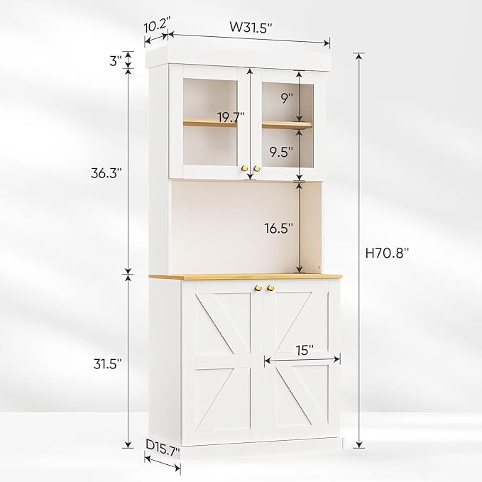 Vyre 71" Farmhouse Kitchen Pantry Cabinet Set of 3, White Freestanding Coffee Bar Hutch with Glass Doors & Adjustable Shelves, Large Storage Cabinet with Microwave Stand for Living Room & Kitchen