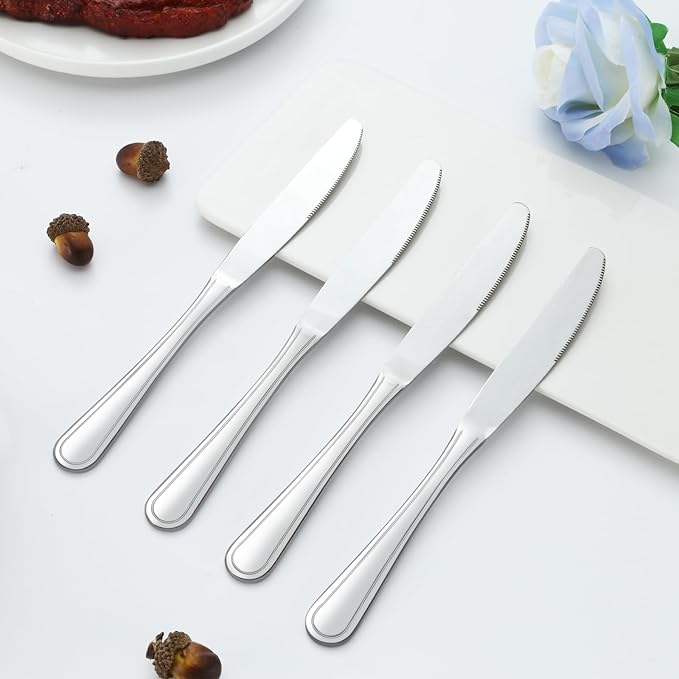 Dinner Knives Set of 24, 9??Knives Set, Butter Knife with Pretty Line Handle, Sharp Knife Set, Food Grade Stainless Steel Table Knife, Silverware, Dishwasher Safe & Mirror Polished