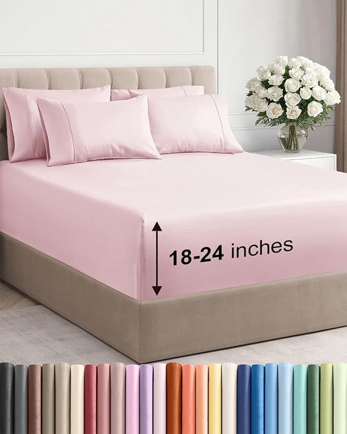 Extra Deep Full Sheet Set - 6 Piece Breathable and Cooling Sheets - Hotel Luxury Bed Sheets Set - Easy Fit - Soft, Wrinkle Free and Comfy Sheets Set - Lavender Pink Sheet Set with Extra Deep Pockets