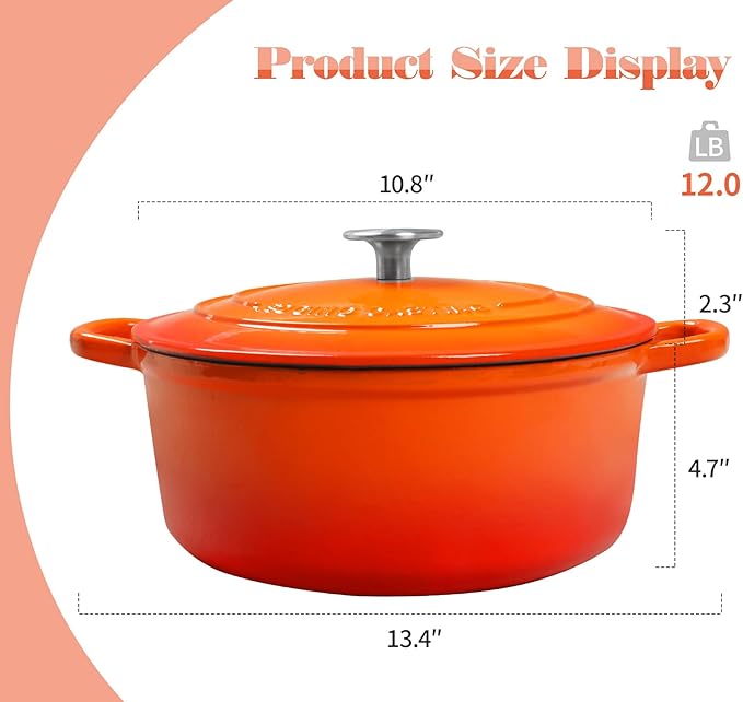 Enameled Cast Iron Dutch Oven, 5.5 Quart, Round Cast Dutch Ovens Pot with Lid Dual Handle for Bread Baking, Oven Safe up to 500째F, Orange