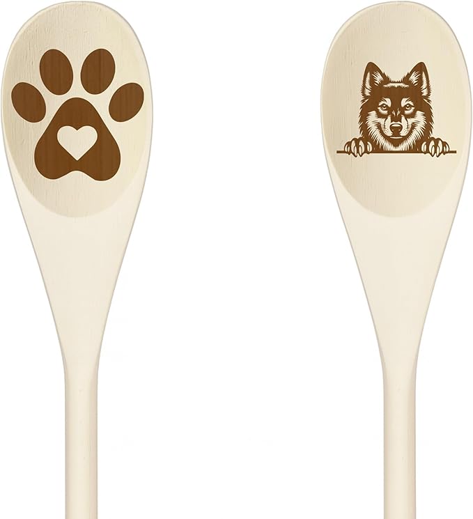 SWEDISH VALLHUND Wooden Spoons for Cooking, Serving or Decorative Kitchen Utensils Set Dog Lover Dog Mom/Dad Gift with Peeking Dog Designs, Paw Print and Dog Head, Kitchen Utensils Set of 2