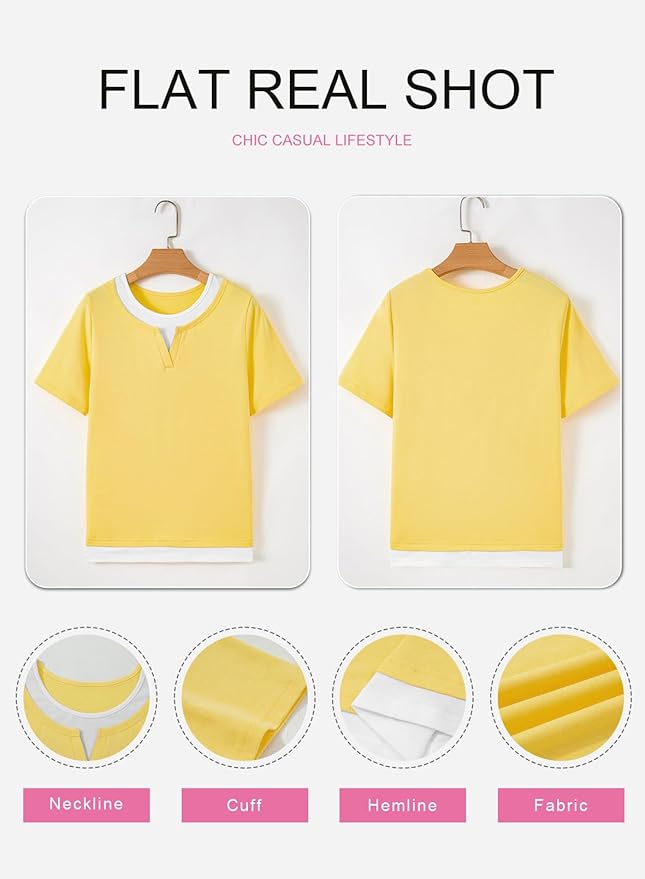 SHEWIN Womens Tops Casual Crewneck Color Block Short Sleeve Mock Double Layer T-Shirt Summer Outfits for Women 2026