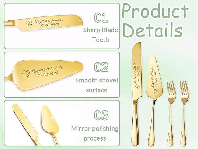 HJX Personalized Cake Knife and Server Set for Wedding - Engraved Stainless Steel Cake Cutting Set, Custom Elegant Cake Cutter Gift for Anniversary Birthday (05-Gift Box Gold)