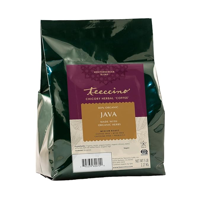 Teeccino Java Chicory Coffee Alternative, 5 Lb Bag - Ground Herbal Coffee That?™s Prebiotic, Caffeine Free & Acid Free, Medium Roast