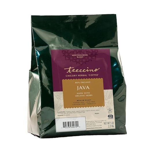 Teeccino Java Chicory Coffee Alternative, 5 Lb Bag - Ground Herbal Coffee That?™s Prebiotic, Caffeine Free & Acid Free, Medium Roast