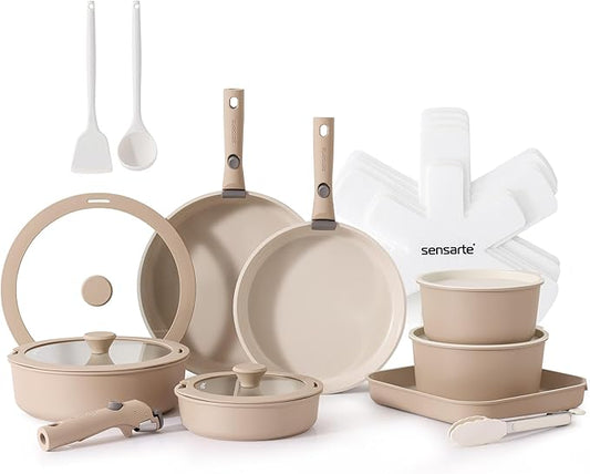 SENSARTE 24 Piece Ceramic Pots and Pans Set, Nonstick Detachable Handle Cookware, Induction Cookware Set with Removable Handle, Healthy Non Stick for RV, Dishwasher竊냀ven Safe, PFOA Free (Almond Beige)