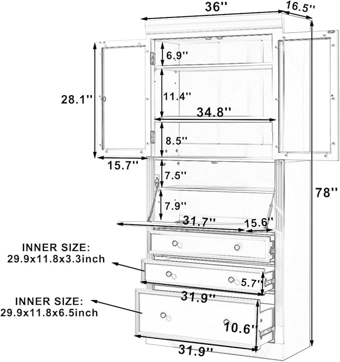 Merax 78 Inch Extra-Tall Freestanding Kitchen Pantry Storage Cabinet, Multifunctional Cupboard with 3 Drawers, Adjustable Shelves & Power Outlet Drop-Down Surface for Dining and Living Room, White