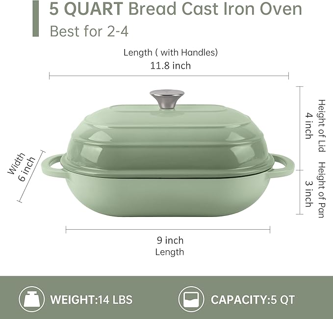 Premium Enameled Cast Iron Dutch Oven for Bread Baking | Non-Stick 5QT Oval Bread Oven with Lid | Perfect for Sourdough, Loaf, and Artisan Baking (Gradient Green, 5 QT)