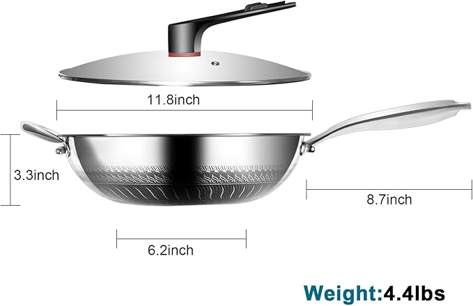 Wok, 12 Inch Stainless Steel Wok, Hybrid Nonstick Woks & Stir-fry Pans with Lid, Honeycomb Flat Bottom Pan with Stay-Cool Handle, Dishwasher and Oven Safe, PFOA Free Cookware