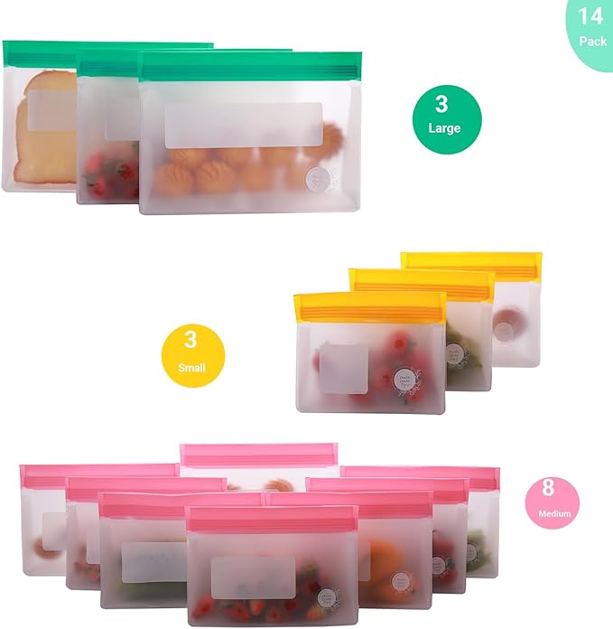 Reusable Food Storage Bags ??14-Pack Stand-Up, BPA-Free, Freezer, Dishwasher Safe & Eco-Friendly ??3 L, 8 M, 3 S Bags ??Airtight Leakproof, Sandwich, Snack, and Meal Prep Baggies (Multicolor)