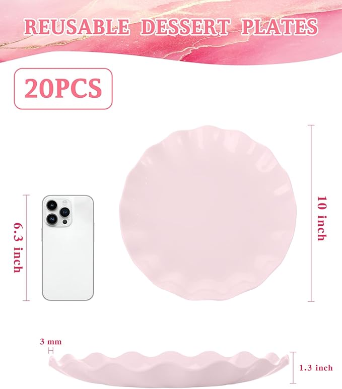 LIYH 20 Pcs 10 Inch Pink Scalloped Plastic Plates Reusable - Unbreakable Plastic Wavy Plates for Weddings Party Outdoor Picnics Dishwasher Safe BPA Free 10" Dinner Plate